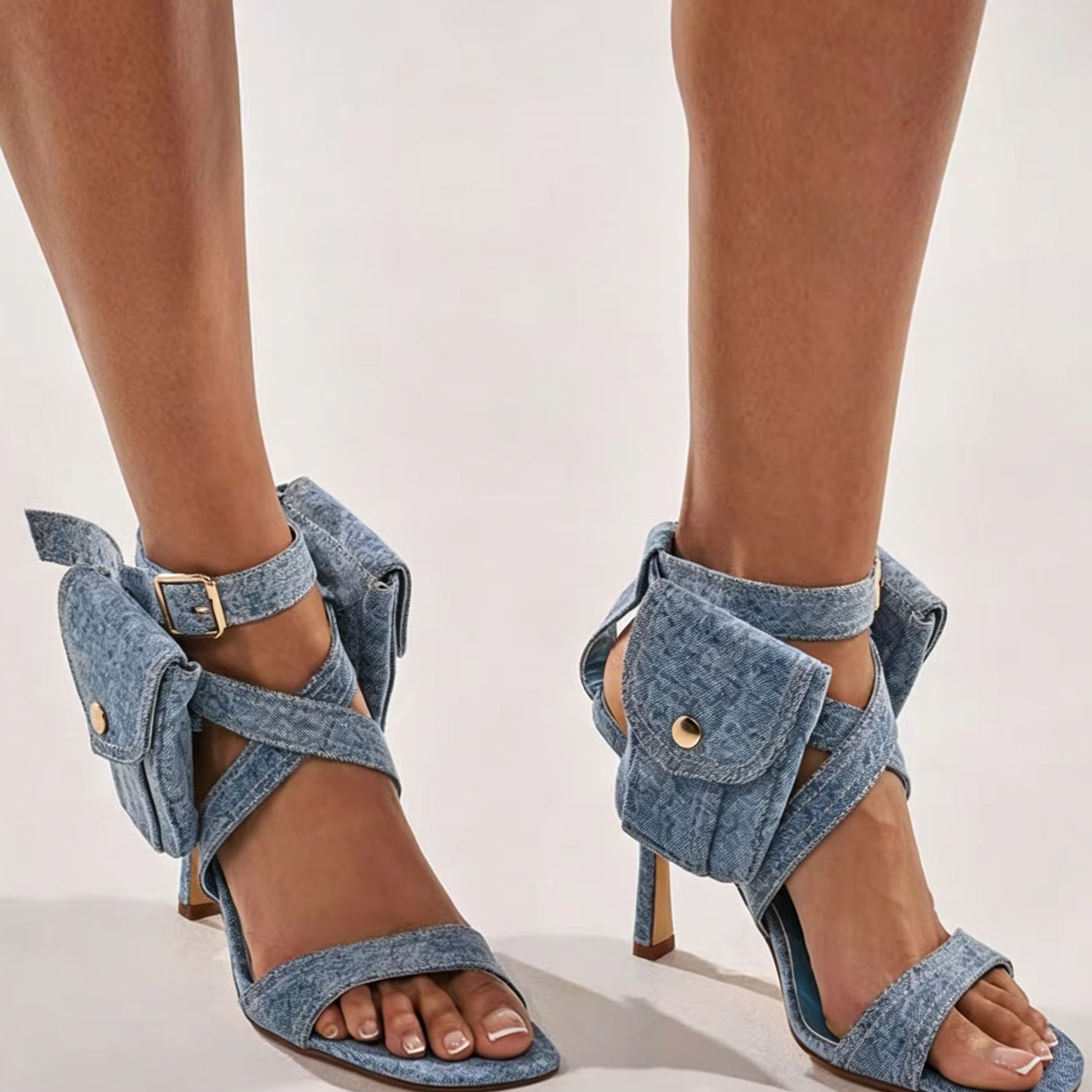 Street Fashion Lady - Women Blue Denim Pocket Ankle Strap